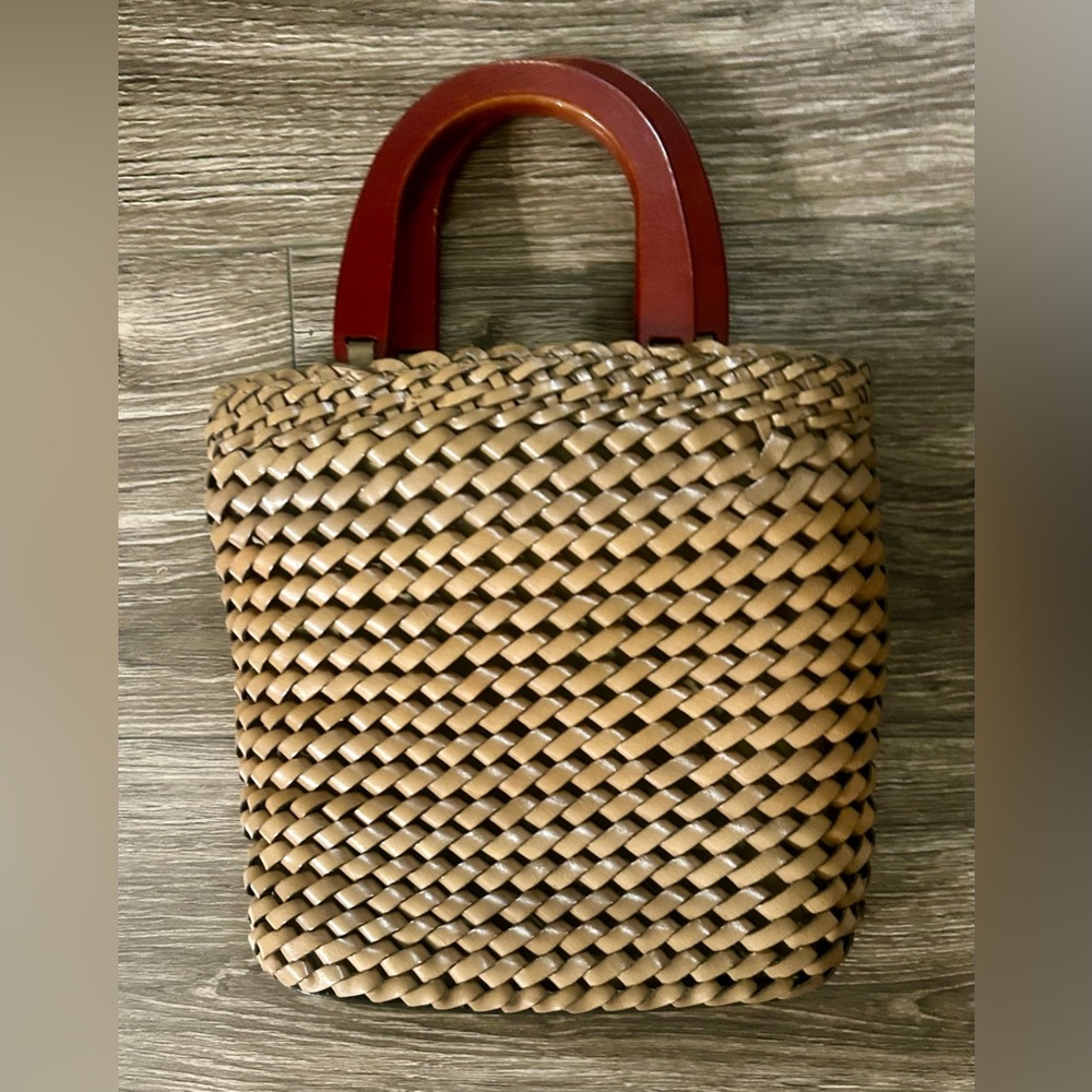Fossil Vintage Brown  Woven Leather Purse Hand Bag With Wooden Handle Bohemian - Picture 2 of 10